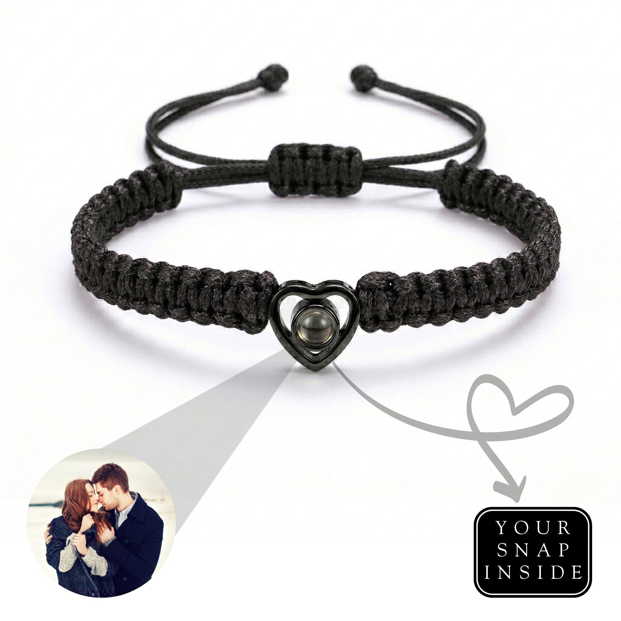 His/Her Braided Rope photo Projection heart Bracelet- SnapEyelet